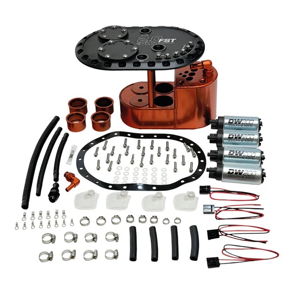 DeatschWerks 2.0L Fuel Cell Surge Tank with 4 DW200 Fuel Pumps