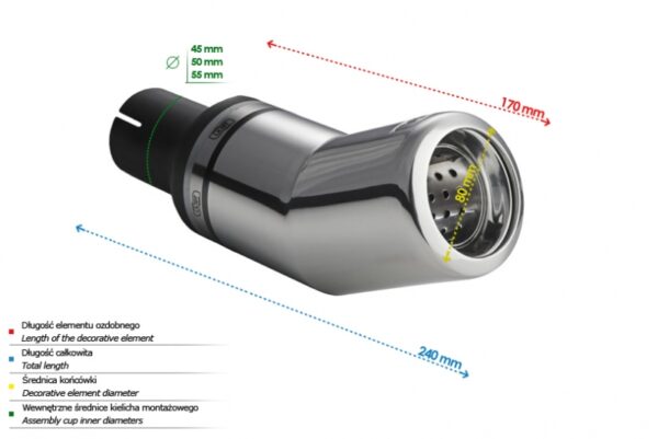 Universal Exhaust Tail Pipe Muffler Tip round 80mm lenght 170mm mounting diameter 45mm