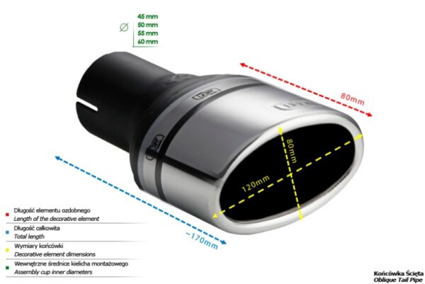 Universal Exhaust Tail Pipe Muffler Tip oval 120×80mm lenght 80mm mounting diameter 45mm