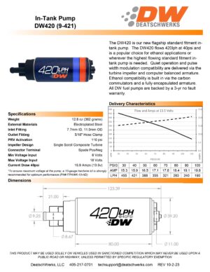 Fuel Pump DeatschWerks DW420 420lph for Genesis Coupe 2.0T 3.8 V6 09-12 Genesis 3.8 V6, 4.6 5.0 09-14 Kia Forte