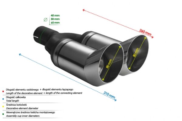 Universal Exhaust Tail Pipe Muffler Tip round 80mm lenght 260mm mounting diameter 60mm