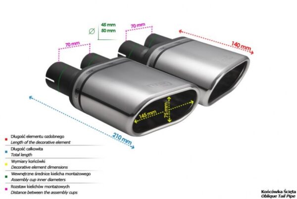 Universal Exhaust Tail Pipe Muffler Tip oval 145×75mm lenght 140mm mounting diameter 45mm