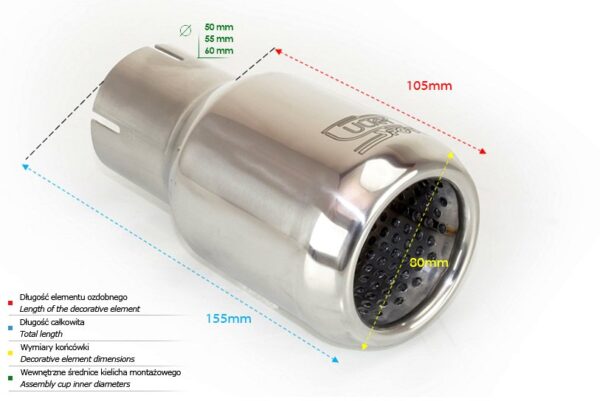 Universal Exhaust Tail Pipe Muffler Tip round 80mm lenght 110mm mounting diameter 50mm