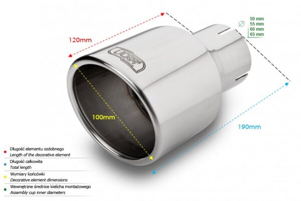 Universal Exhaust Tail Pipe Muffler Tip round 100mm lenght 120mm mounting diameter 55mm