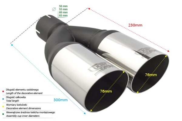 Universal Exhaust Tail Pipe Muffler Tip round 76mm lenght 230mm mounting diameter 60mm