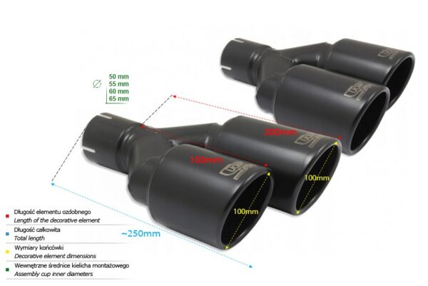 dimNBL2-101RSLiPx_3 Universal Exhaust Tail Pipe Muffler Tip round 100mm lenght 200/180mm mounting diameter 65mm