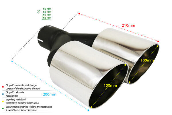 Universal Exhaust Tail Pipe Muffler Tip round 100mm lenght 200mm mounting diameter 65mm