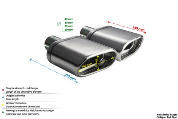 Universal Exhaust Tail Pipe Muffler Tip oval 145×75mm lenght 140mm mounting diameter 50mm