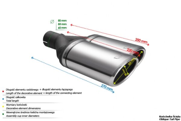 Universal Exhaust Tail Pipe Muffler Tip oval 220×80mm lenght 220mm mounting diameter 60mm