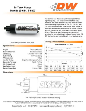 Fuel pump DeatschWerks DW65C 265lph for EVO X 08-15 Mazdaspeed3 07-13 Mazdaspeed6 06-07 Honda Civic 12-16 Honda Accord 13-17 Tundra 4.0L V6 07-14 4.L V8 07-10 4.6L V8 08-17 5.7L V8 07-17 Wrangler 2007-17