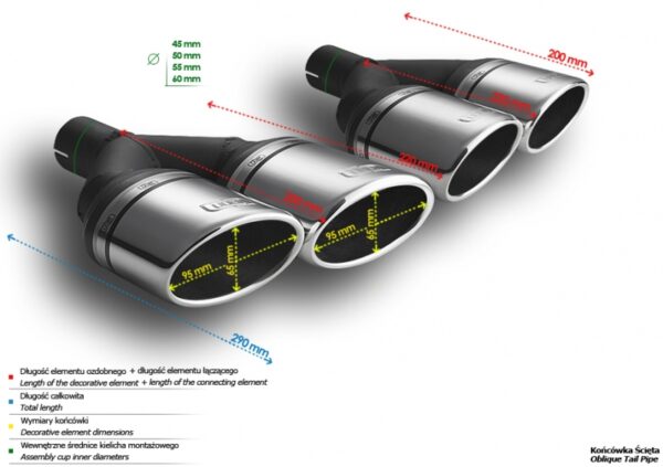 Universal Exhaust Tail Pipe Muffler Tip oval 95×65mm lenght 200/180mm mounting diameter 50mm