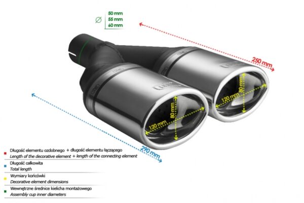 Universal Exhaust Tail Pipe Muffler Tip oval 120×80mm lenght 250mm mounting diameter 60mm