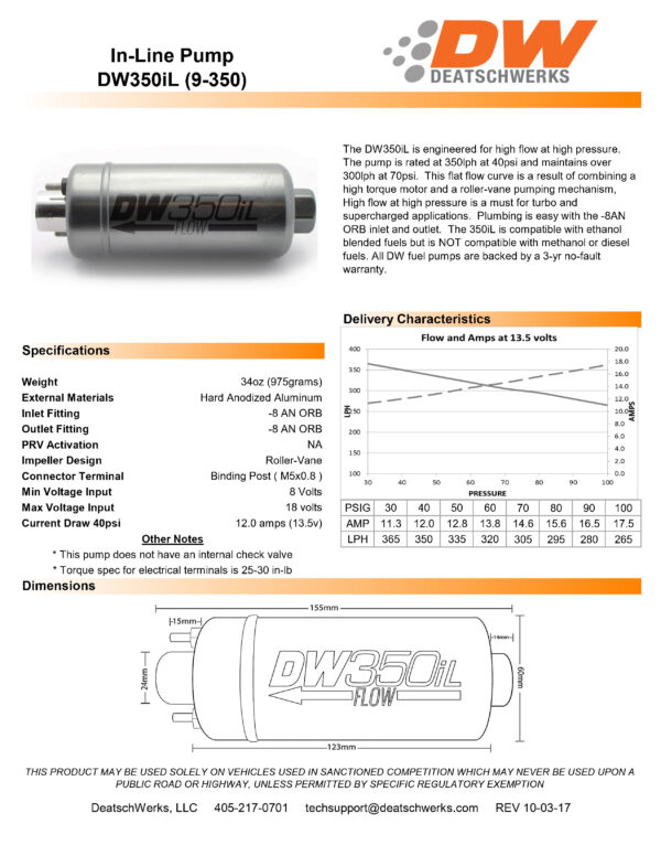 Fuel pump DeatschWerks DW350il 350lph for